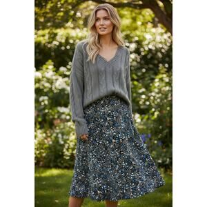 Christopher & Banks Blue Floral Midi Skirt Size 10 Women Cottagecore Boho